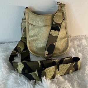 Gold Pebbled Crossbody Bag with Patterned Strap